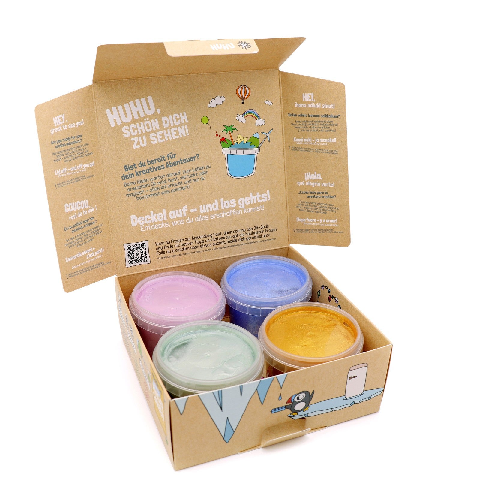 Open Neogrün finger paint gift box containing four gemstone-inspired glitter colours