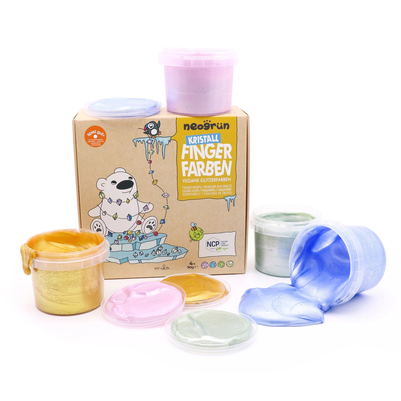 Neogrün organic glitter finger paint set with four 90 g pots in Rose Quartz, Sapphire, Jade and Gold beside the illustrated box