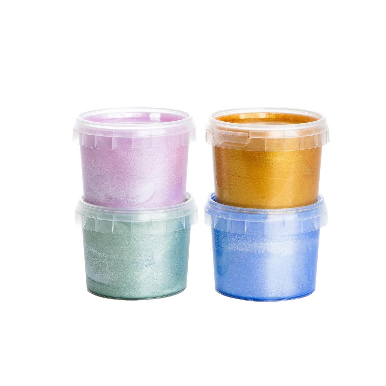 Four Neogrün glitter finger paint pots stacked in Rose Quartz, Gold, Jade and Sapphire colours