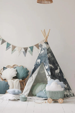 Night Sky children’s teepee styled with shell cushions, cloud pillows and a woven toy trolley
