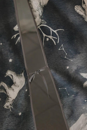 Close-up of the Night Sky teepee entrance tie, animal illustration and constellation details