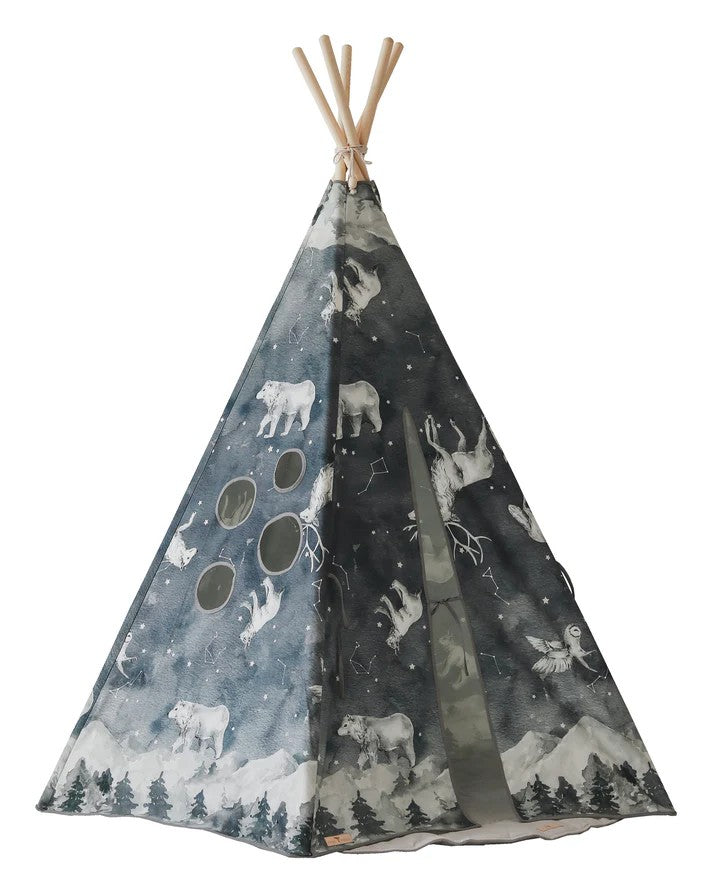 Full front view of the five-sided Night Sky teepee with mountain animals, stars and natural pine poles