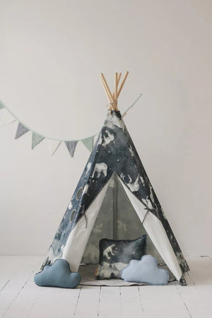 Night Sky teepee displayed with matching animal-print cushion and blue cloud pillows