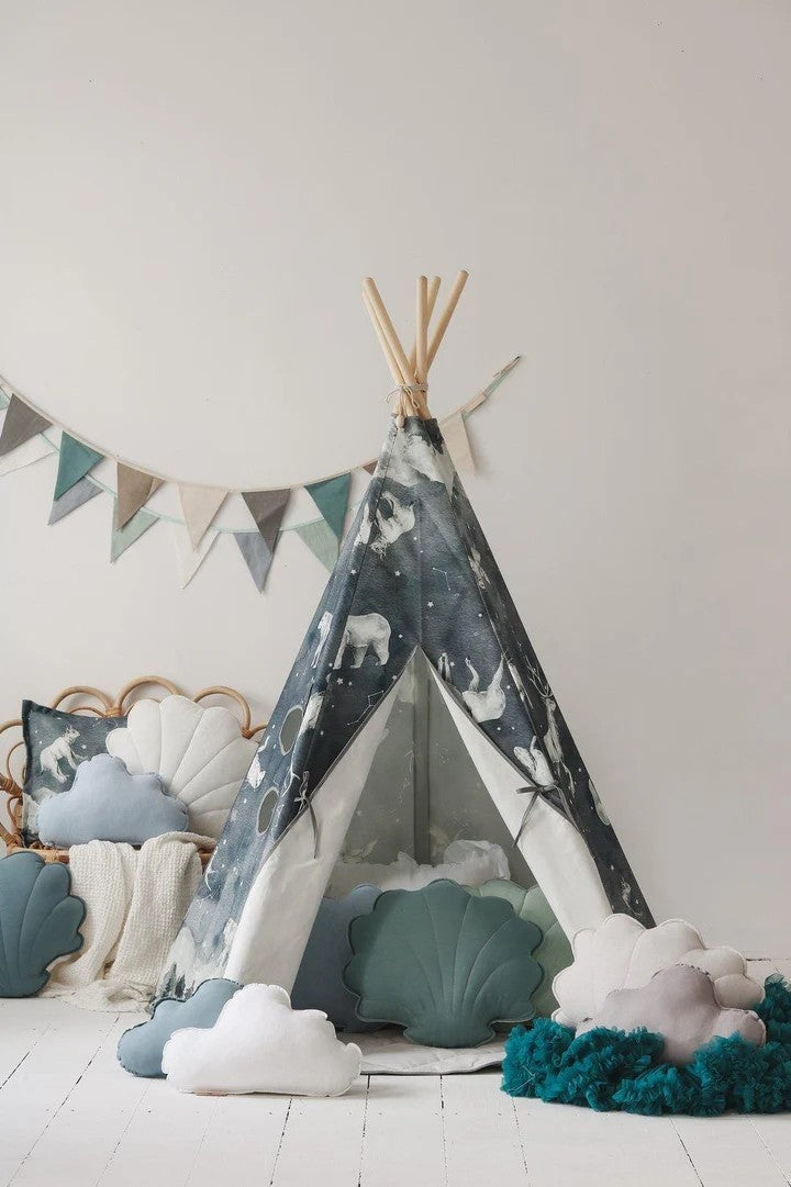 Moi Mili animal-print teepee with green shell cushion and soft cloud-shaped nursery accessories