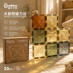 Onshine Natural Colour Magnetic Tiles 20-piece set built into a translucent wall with product box in warm playroom