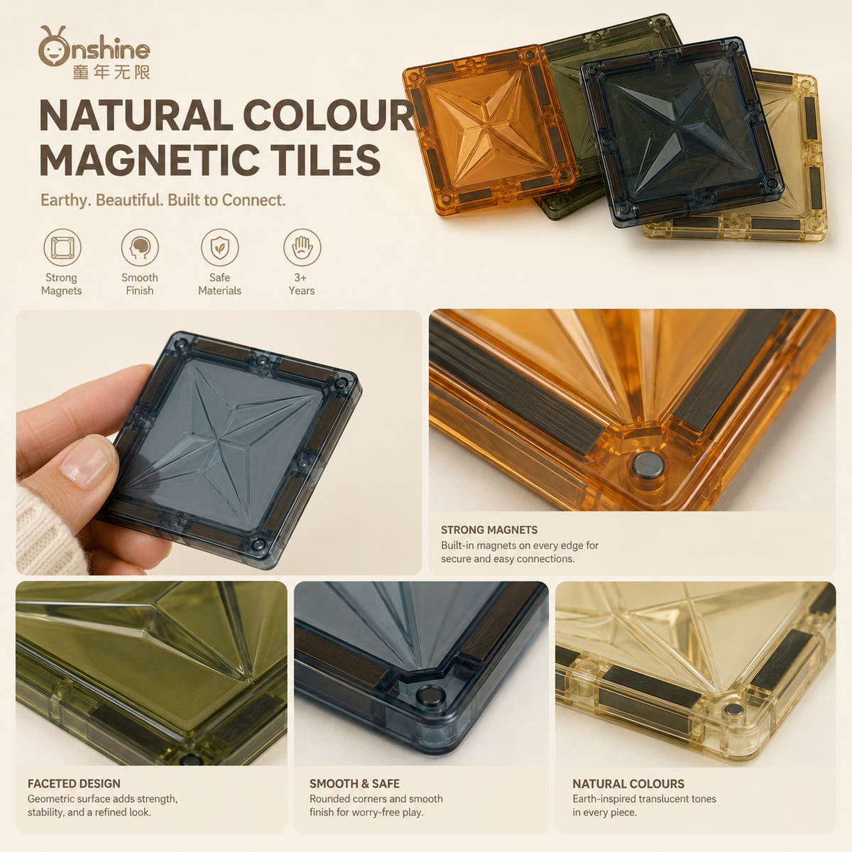 Close-up infographic of Onshine magnetic tiles showing faceted square design, smooth corners and integrated edge magnets