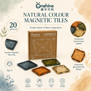 Onshine 20-piece magnetic tiles infographic showing square pieces, natural colours, strong magnets and age 3+