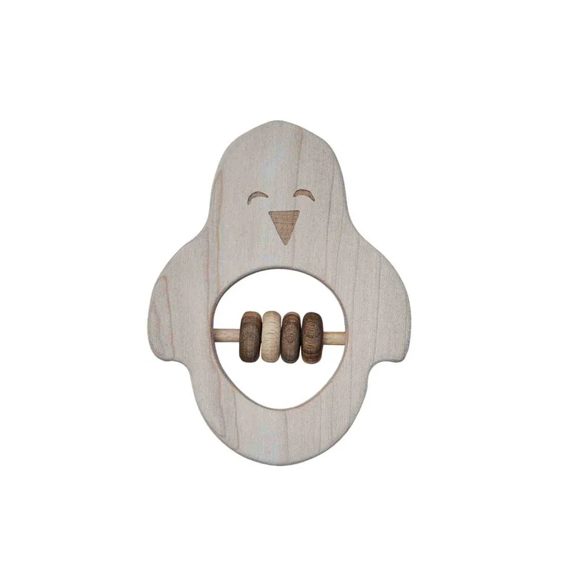 Sonajero de madera para bebé con forma de pingüino, cuentas deslizantes naturales y acabado suave, diseñado para el juego sensorial y el desarrollo temprano inspirado en Montessori.