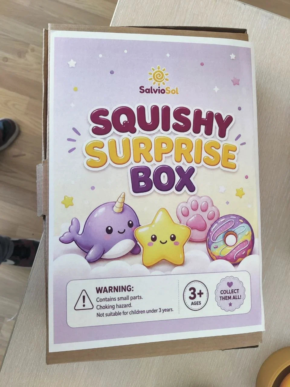 Salviosol Squishy Surprise Box featuring colorful toy characters for ages 3 plus