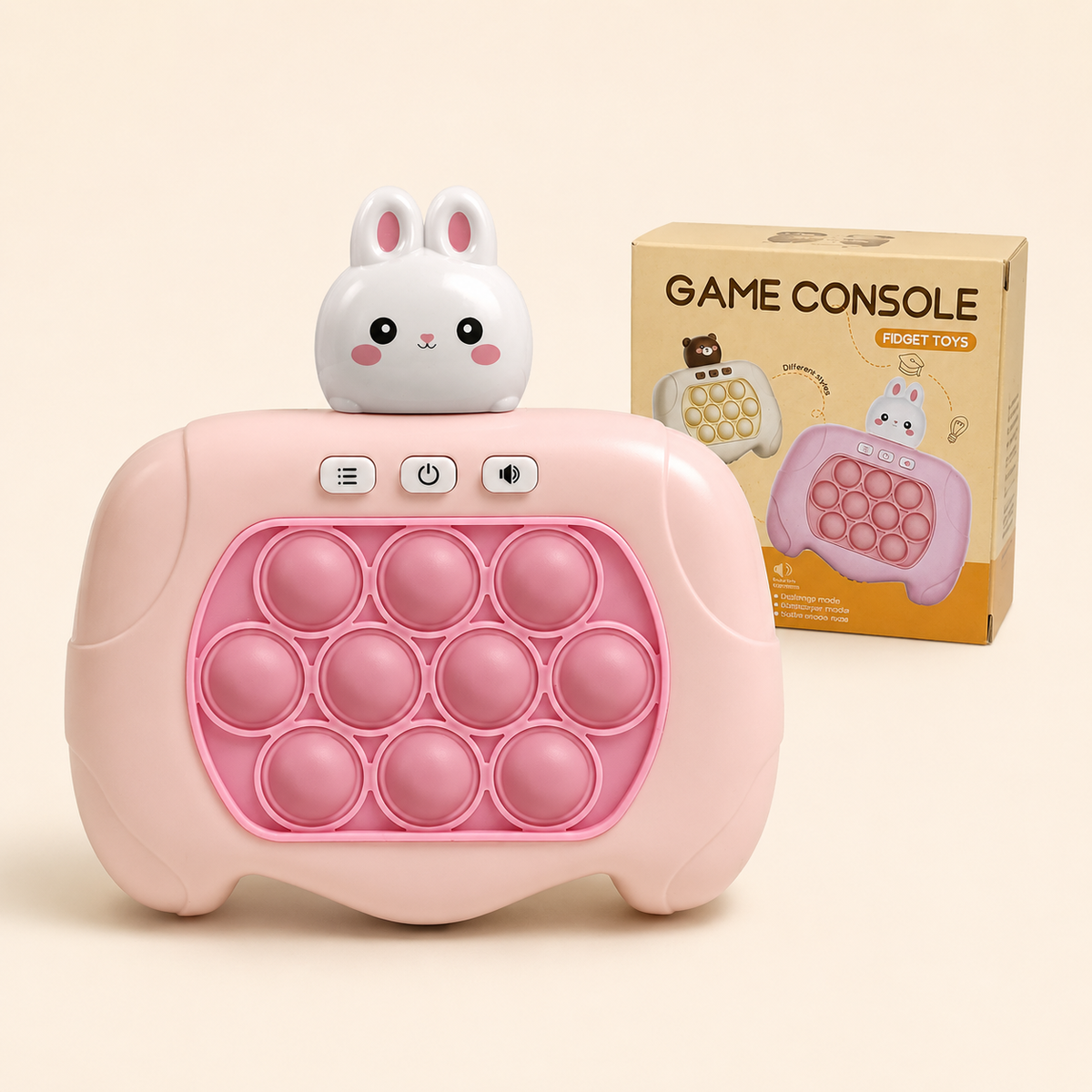 Pink electronic bunny Pop It game console with 10 bubbles and product packaging