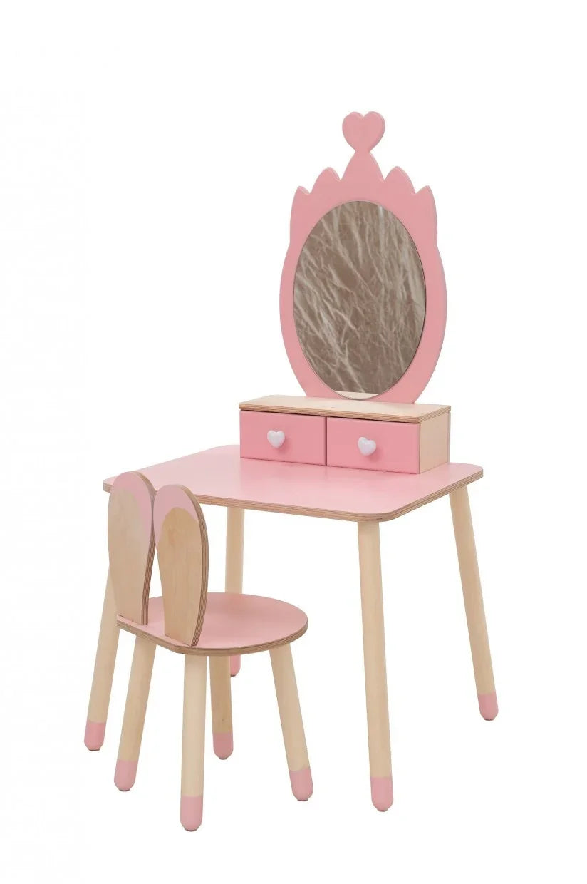 Pink FAMILY Princess Beauty Table and chair with heart drawer knobs on white background