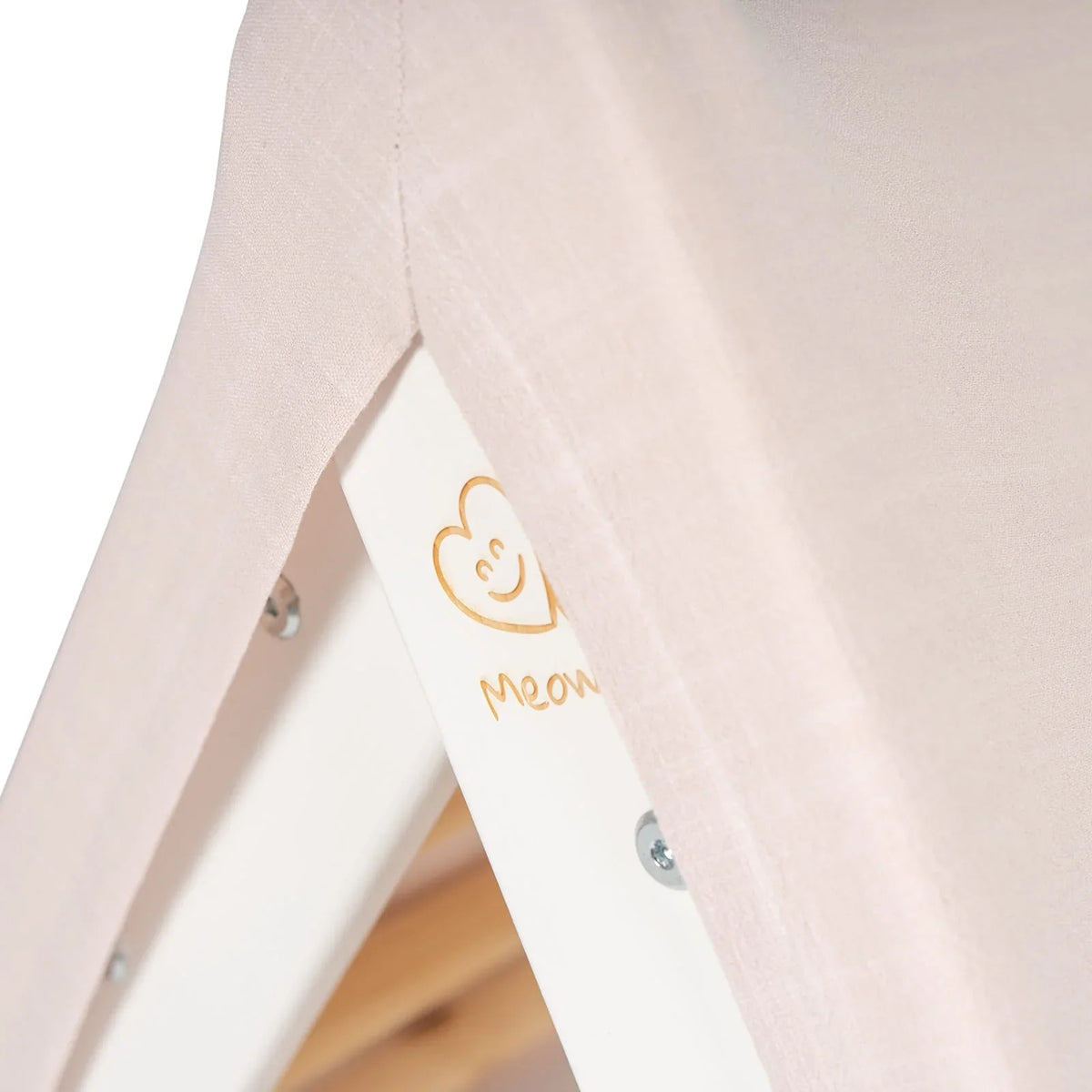 Close-up of pink textile cover and white frame on MeowBaby Ladder House