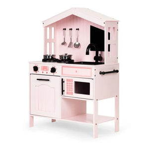 Rosa Spielküche aus Holz mit Backofen, Herdplatten, Mikrowelle, Utensilien und Spüle