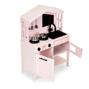Rosa Spielküche aus Holz mit Backofen, Herdplatten, Mikrowelle, Utensilien und Kochgeschirr-Zubehör