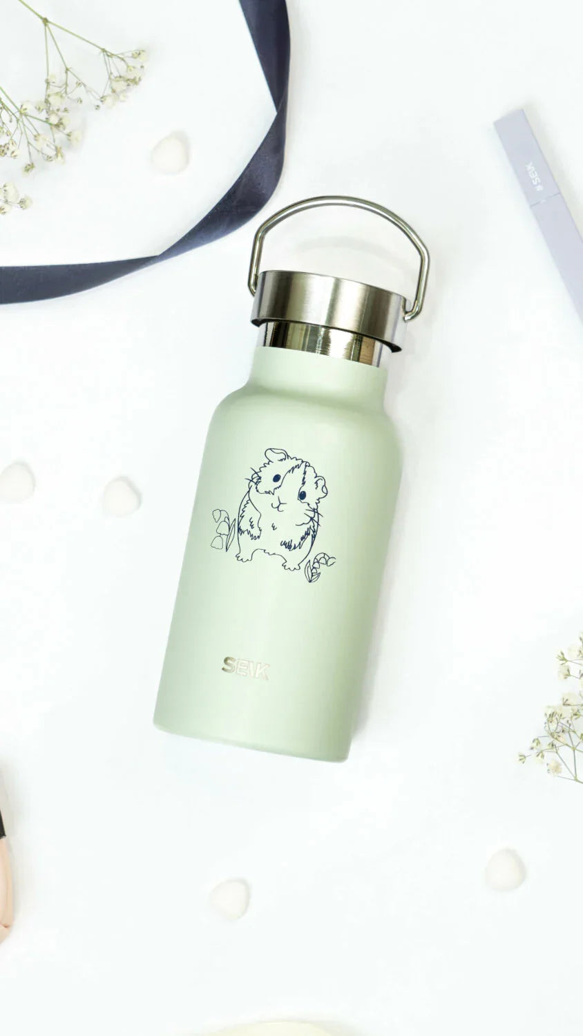 Gourde / Thermos – Cochon d'Inde – Vert clair 350 ml, acier inoxydable