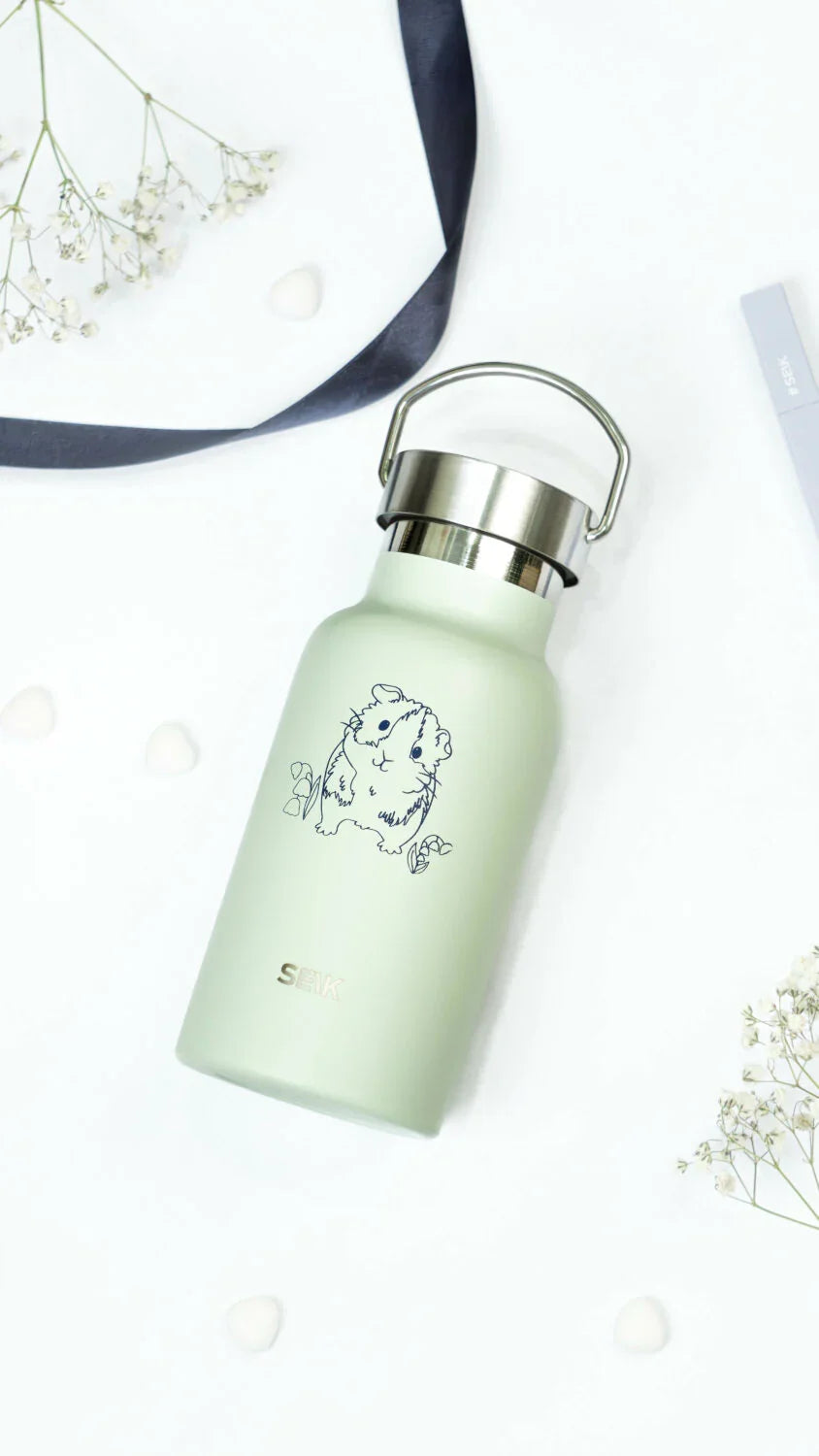 Gourde / Thermos – Cochon d'Inde – Vert clair 350 ml, acier inoxydable