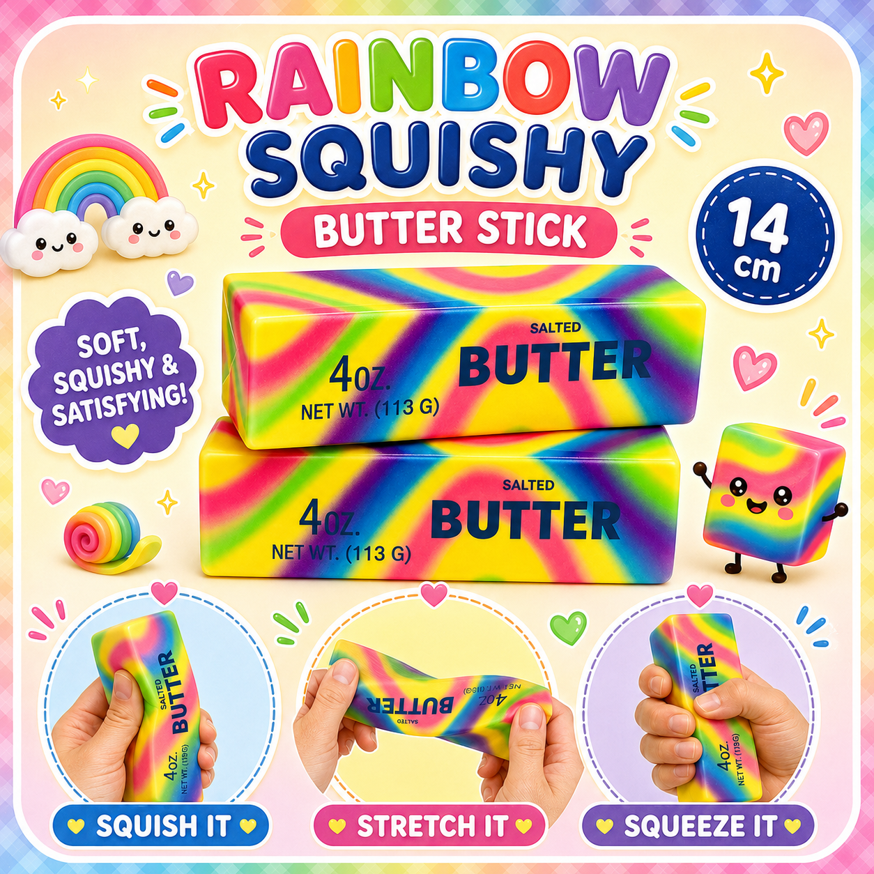 A colorful promotional graphic for rainbow squishy butter stick. The main product shown is two stacked rectangular boxes of salted butter in a bright rainbow gradient, with text reading 'RAINBOW SQUISHY BUTTER STICK,' '4 oz,' and '14 cm.