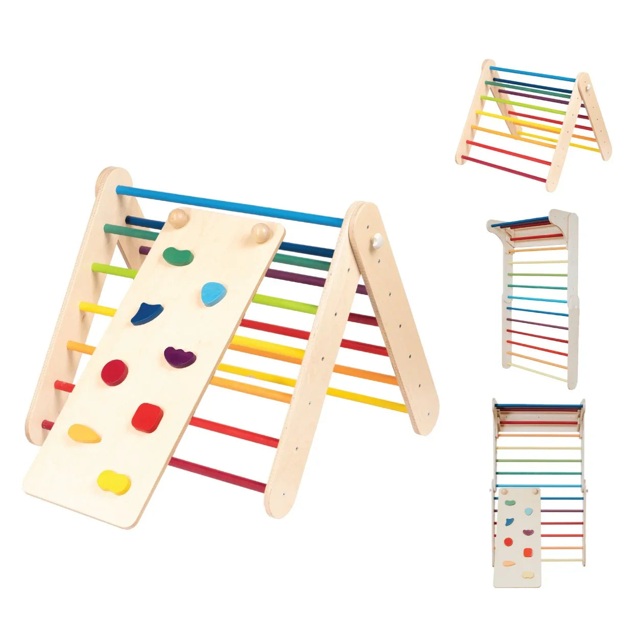 Wooden rainbow climbing ladder with colorful rungs and climbing panel, Montessori toddler play equipment