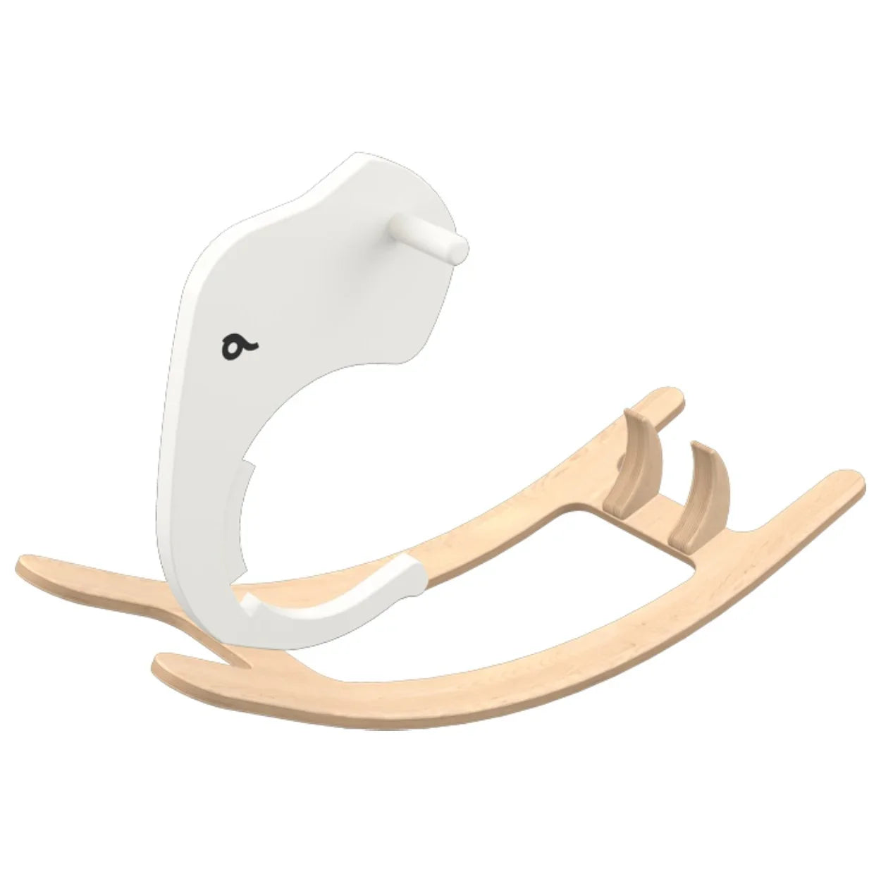 White whale-shaped wooden rocker with natural wood base, minimalist nursery decor