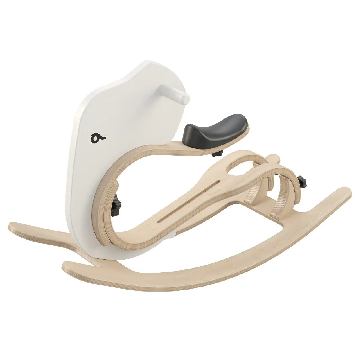 White and natural wood whale-shaped rocking toy with black seat, European handmade nursery decor