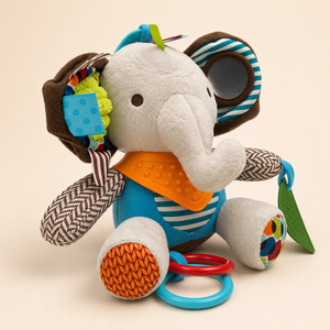 Sensory elephant baby activity toy with mirror, colourful fabric textures, orange textured collar and red and blue grasping rings