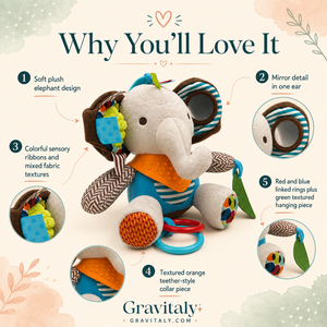 Sensory elephant baby toy infographic showing plush textures, mirror ear, colourful ribbons, textured collar and hanging piece