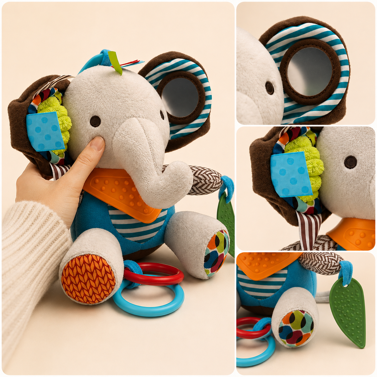 Close-up collage of sensory elephant baby toy showing mirror ear, fabric ribbons, textured green piece and colourful rings