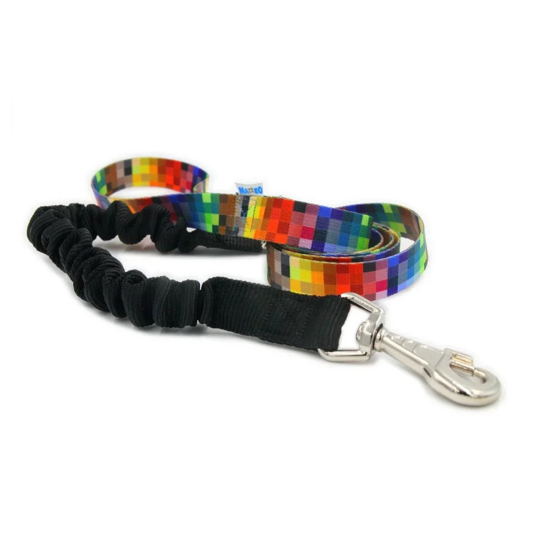 Rainbow pixel pattern dog leash with black elastic handle and silver clip