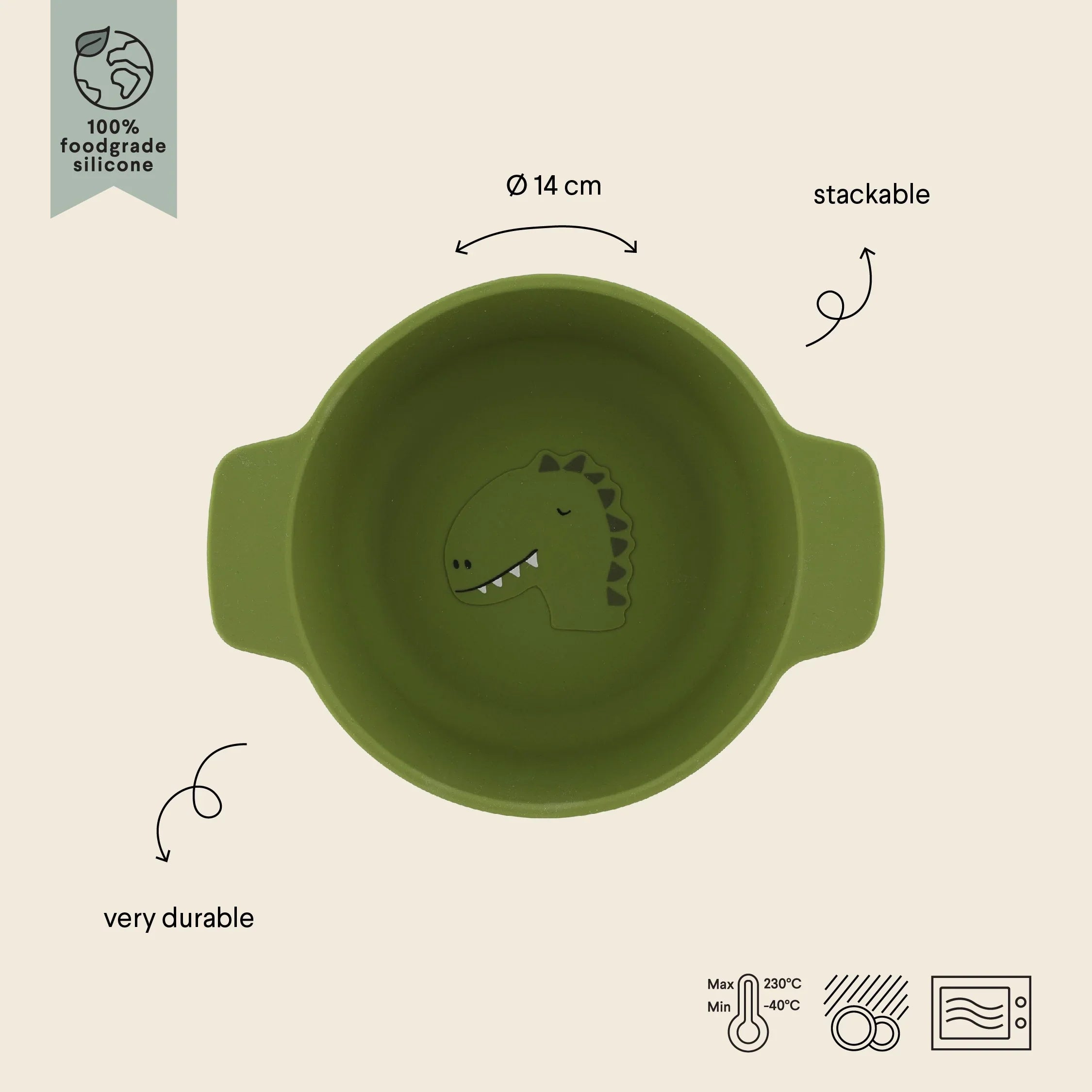 Bol de silicona verde para niños con diseño de dinosaurio, grado alimentario, apilable, duradero, 14 cm de ancho