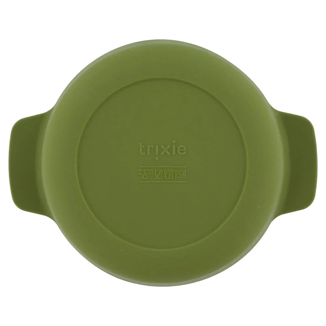 olive green silicone kids bowl with side handles, embossed with 'trixie' on the base