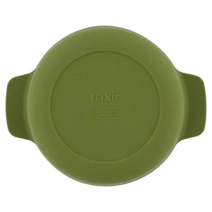 olive green silicone kids bowl with side handles, embossed with 'trixie' on the base