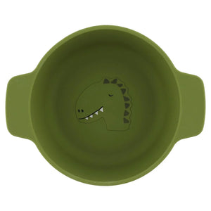 green silicone kids bowl with cartoon dinosaur design and side handles