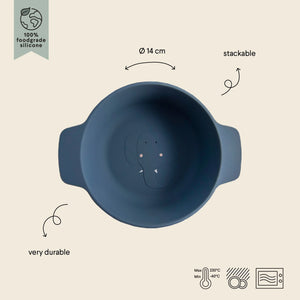 Bol enfant en silicone bleu avec design éléphant, 14 cm, empilable, silicone alimentaire, compatible micro-ondes
