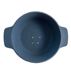 Bol enfant en silicone bleu avec design tête d'éléphant et poignées latérales