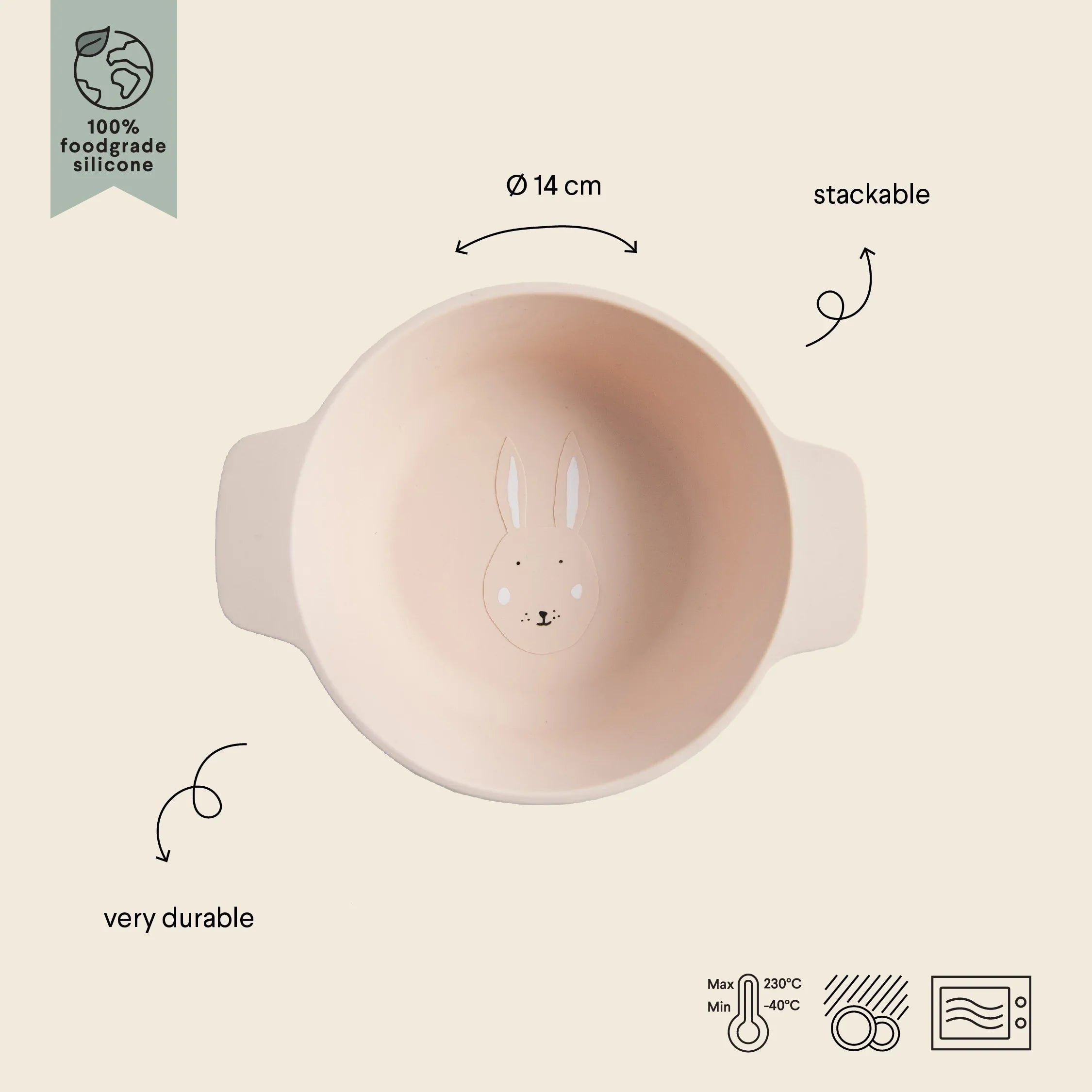 Bol enfant en silicone rose avec design tête de lapin, silicone alimentaire, empilable, compatible lave-vaisselle