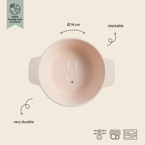 Bol enfant en silicone rose avec design tête de lapin, silicone alimentaire, empilable, compatible lave-vaisselle