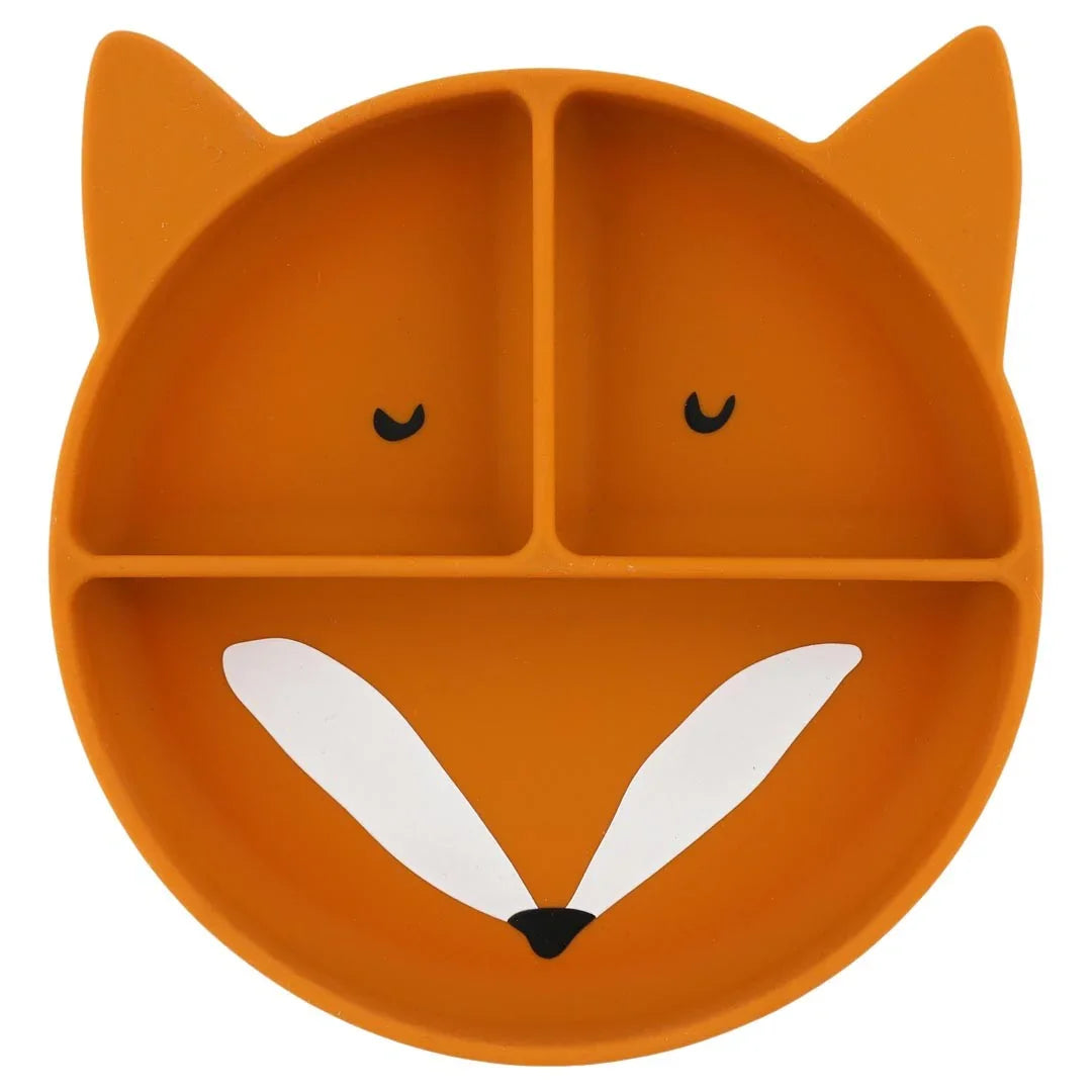 Plato de succión de silicona naranja dividido para niños, con forma de zorro y tres compartimentos