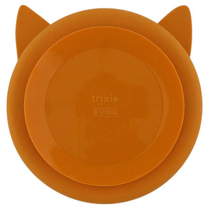 Rostorangefarbener Silikon-Saugteller für Kinder im Fuchsohren-Design, mit Unterteilung und Trixie-Logo