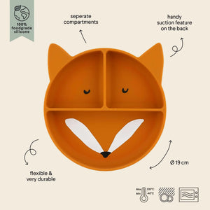Orangefarbener Silikon-Saugteller für Kinder mit Fuchsgesicht-Design und unterteilten Fächern