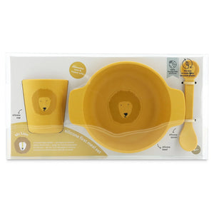 Set de repas en silicone jaune pour enfant avec ventouse, motif lion, incluant gobelet et cuillère