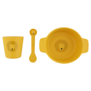 Set de vaisselle en silicone jaune pour enfant avec motif lion, gobelet, cuillère et assiette divisée