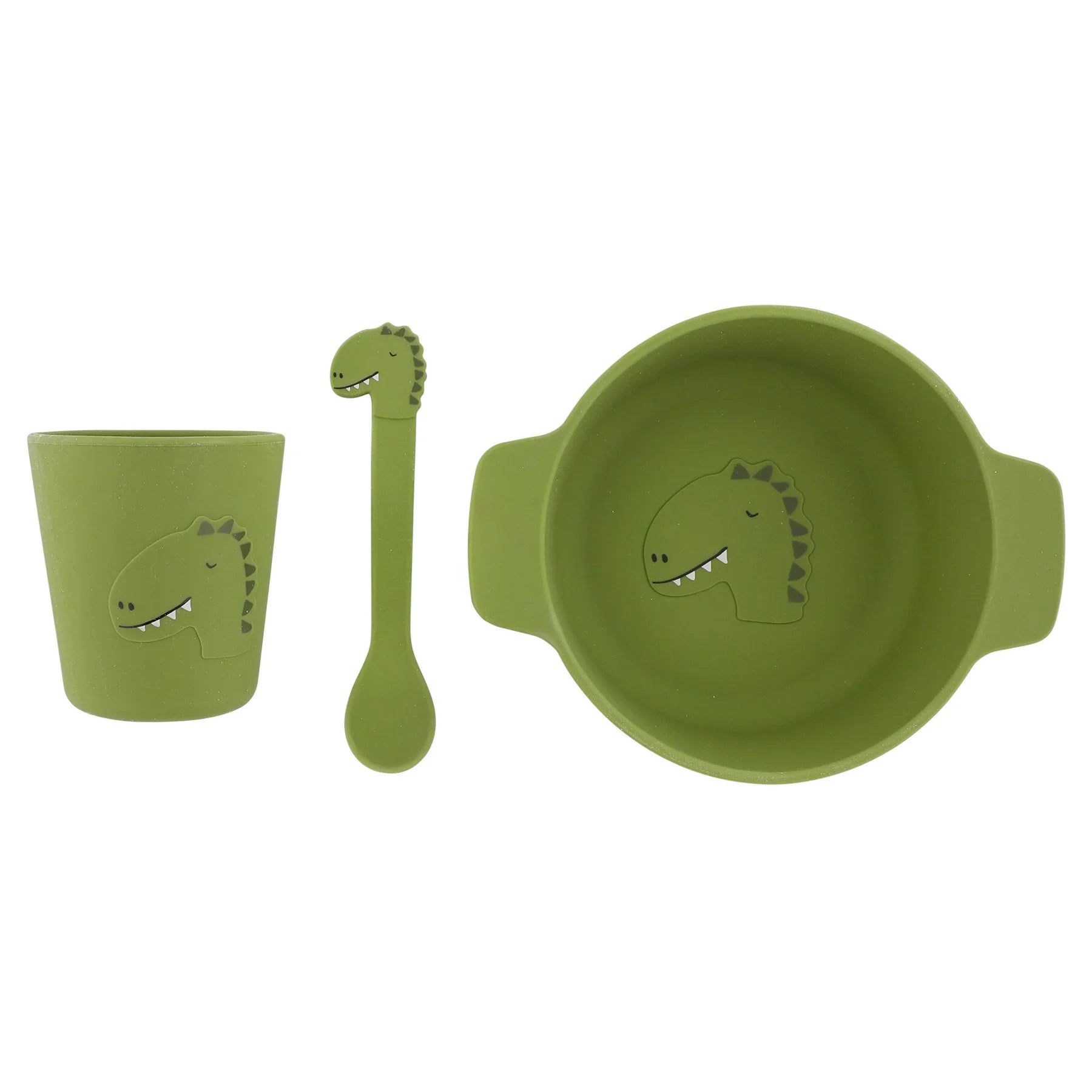 Set de comida infantil de silicona verde con estampado de dinosaurio, incluye bol, taza y cuchara