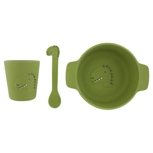 Set de repas en silicone vert avec motif dinosaure, incluant bol, gobelet et cuillère