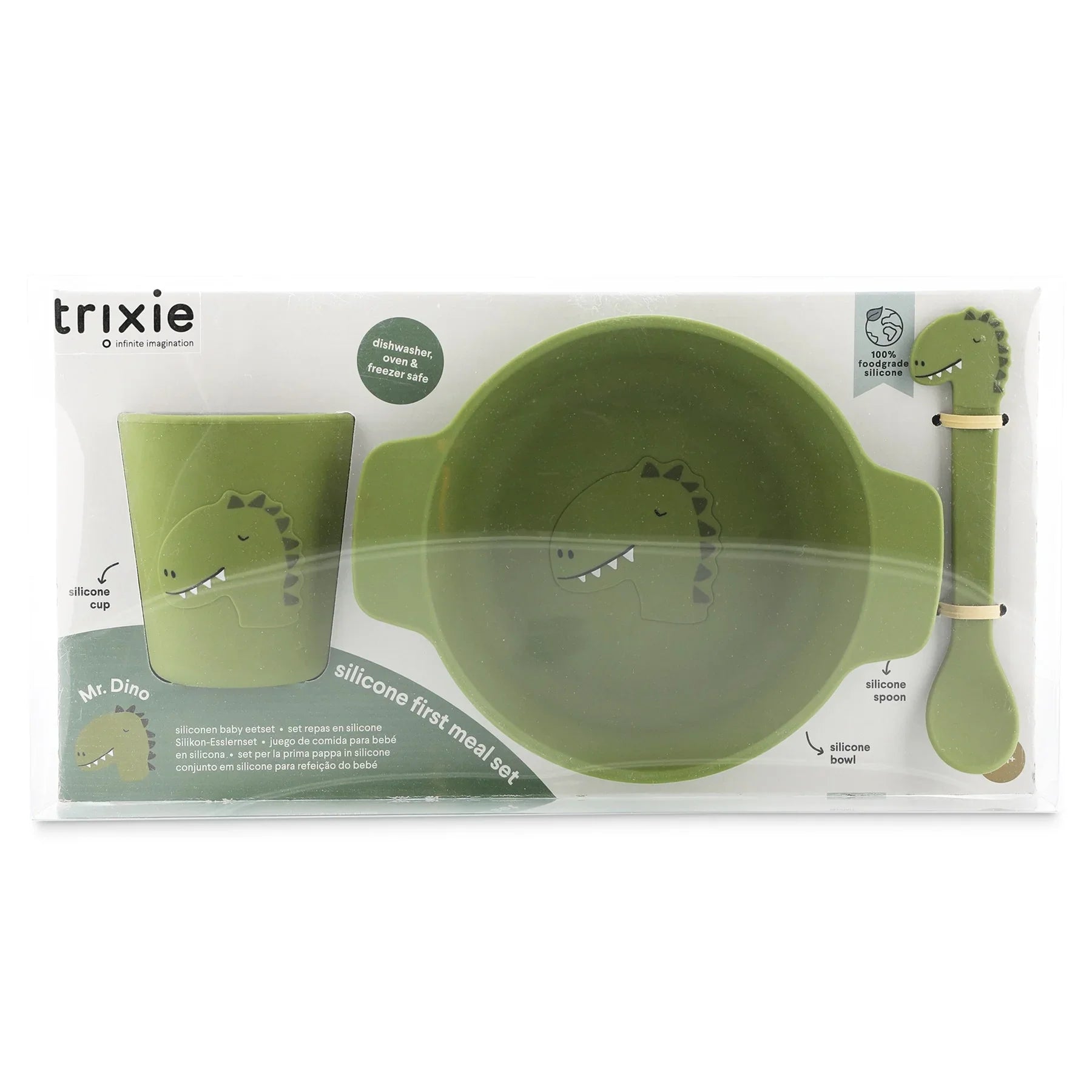 Set de repas en silicone vert pour enfant avec motif dinosaure, incluant gobelet, bol et cuillère