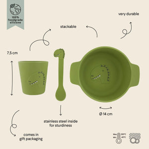 Set de repas en silicone vert avec motif dinosaure, incluant bol, gobelet et cuillère