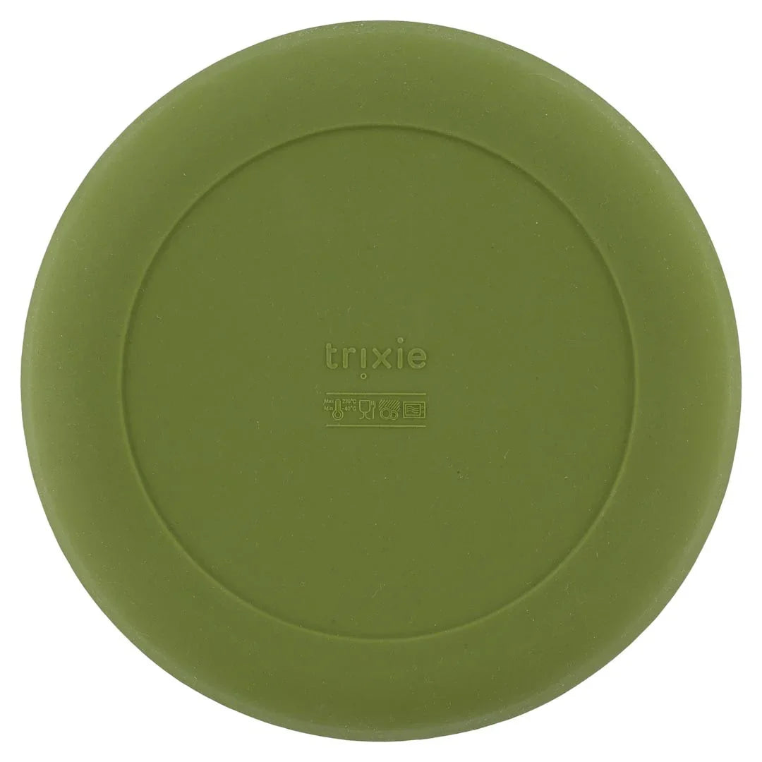 Round olive green silicone plate with raised edge and Trixie logo