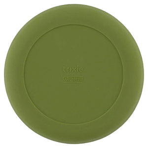 Round olive green silicone plate with raised edge and Trixie logo