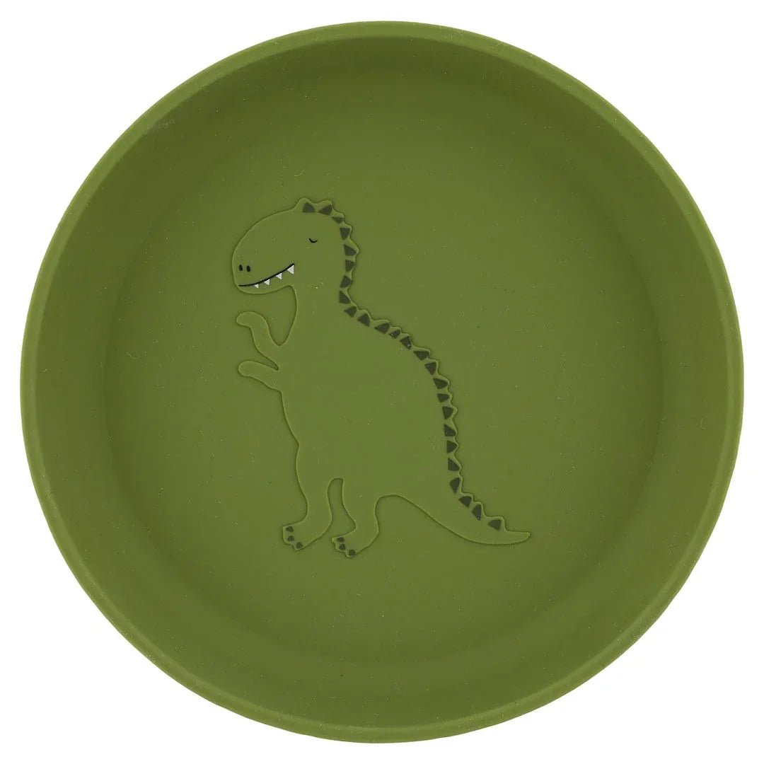 Plato infantil de silicona verde con diseño de dinosaurio en relieve, redondo, antideslizante y estilo divertido