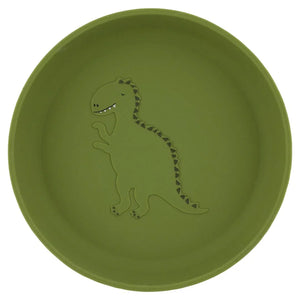 green silicone kids plate with embossed dinosaur design, round, non-slip, playful style
