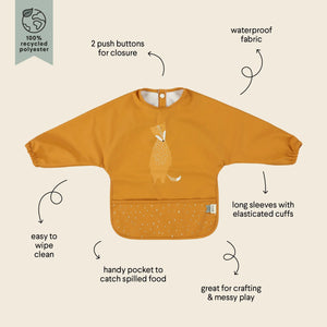 Bavoir bébé à manches longues jaune moutarde avec imprimé renard, tissu imperméable, poignets élastiqués, poche ramasse-miettes, en polyester recyclé